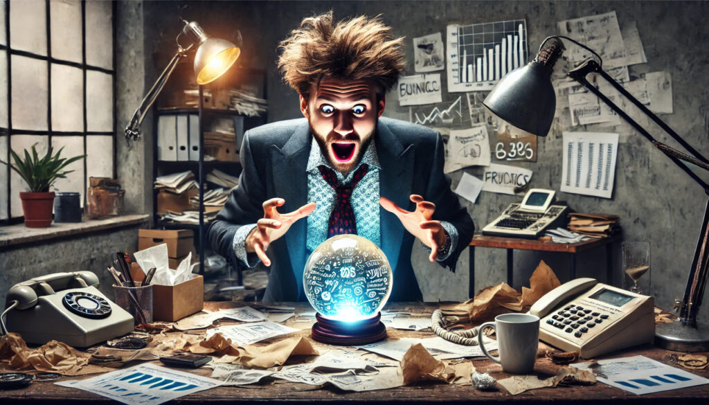 entrepreneur aventurier qui consulte sa boule de cristal pour évaluer son besoin de financement généré par chatgpt