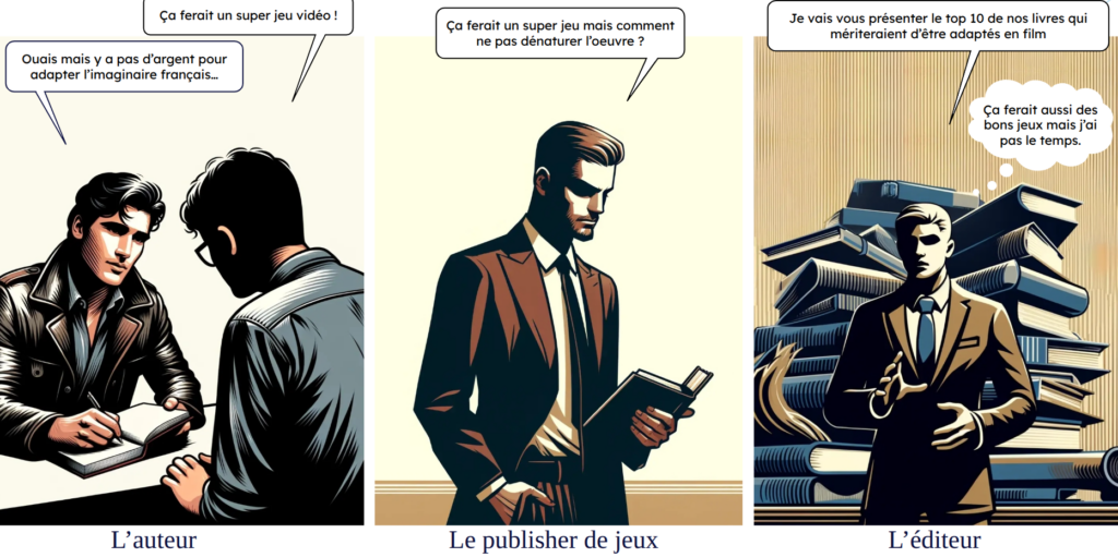 les points de vue des parties prenantes. L'auteur croit qu'il n'y a pas d'argent pour l'adaptation d'imaginaire, le publisher de jeux pense que l'auteur va craindre la dénaturation de son oeuvre, l'éditeur de livre n'a pas le temps
