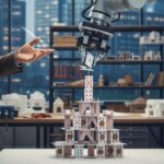 un architecte fait construire un château de cartes à un robot
