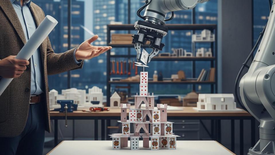 un architecte fait construire un château de cartes à un robot